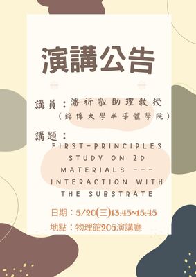 【2026-5-20】First-principles Study on 2D Materials --- interaction with the substrate -主講人: 潘祈叡 助理教授 (銘傳大學)圖片